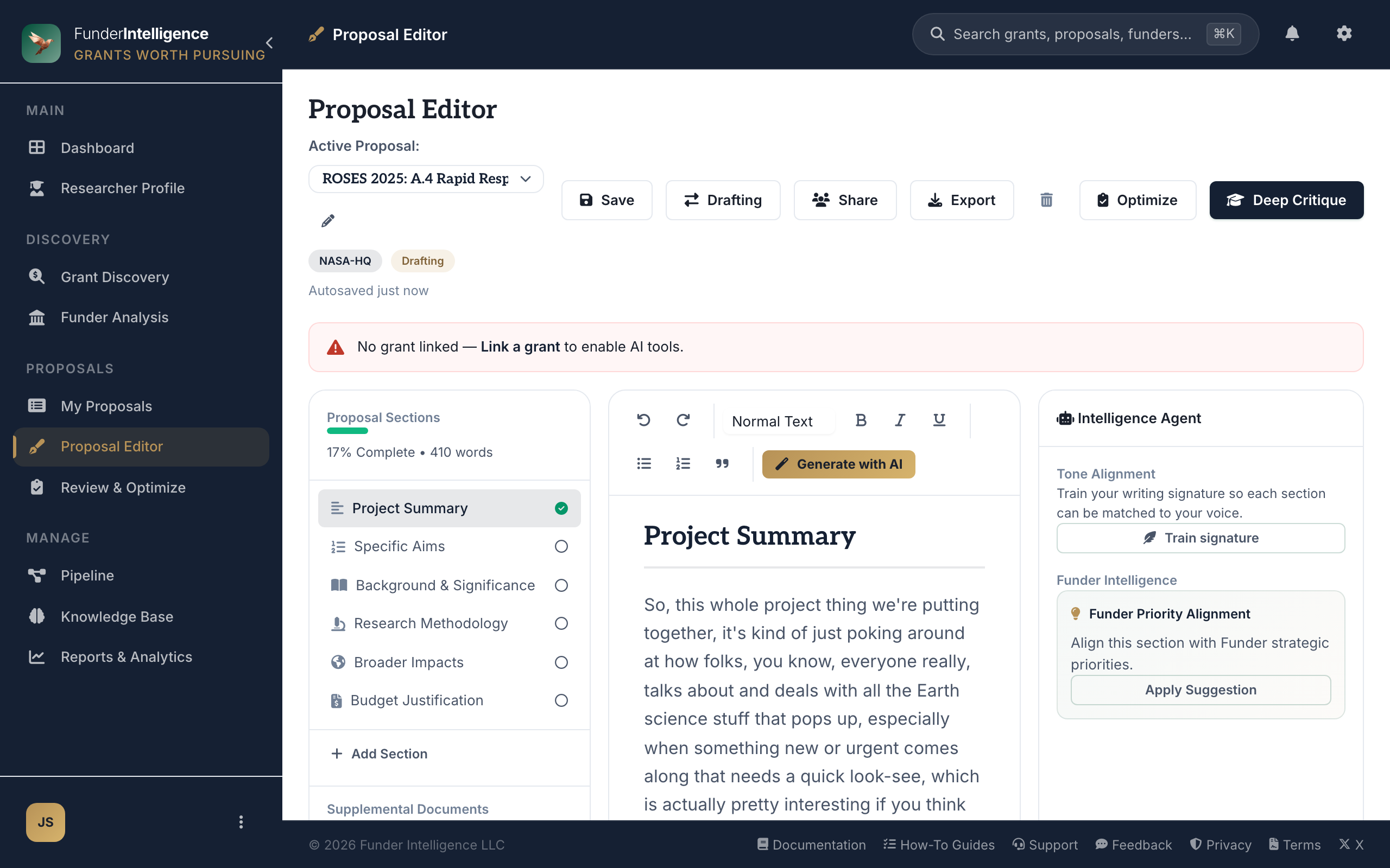 FunderIntelligence Proposal Editor where researchers draft and refine grant proposals with AI