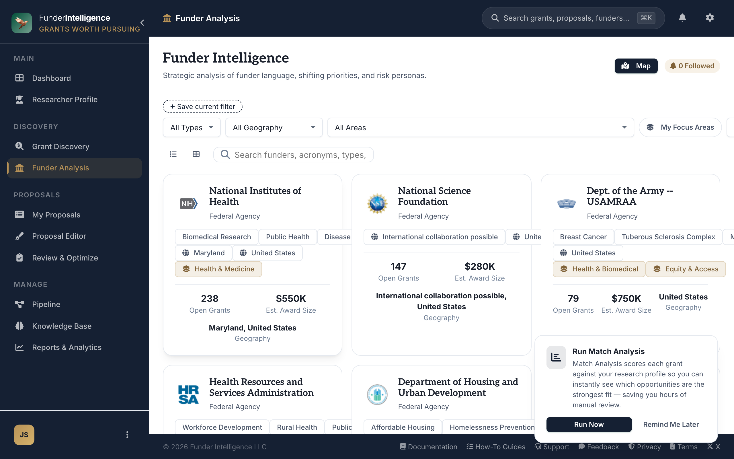 FunderIntelligence funder intelligence view with searchable funder profiles, types, and giving data