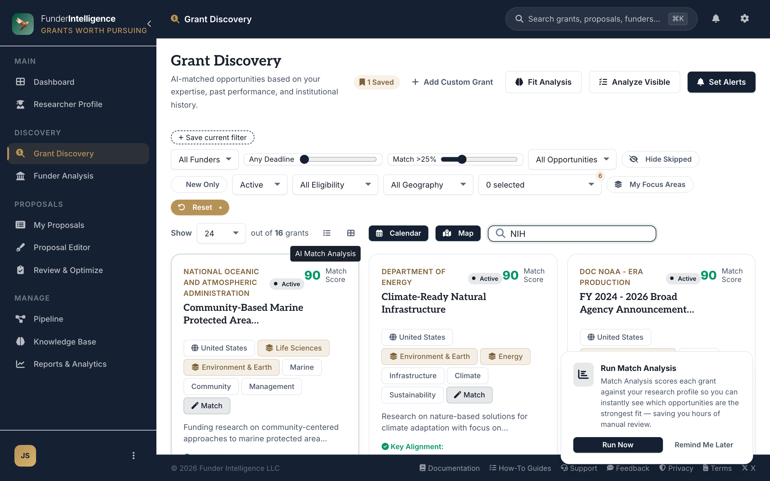 FunderIntelligence NIH grant opportunities matched to a researcher profile